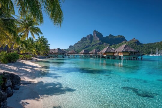 Aerial View of Bora Bora Lagoon with Emerald Peaks and Motu Islands