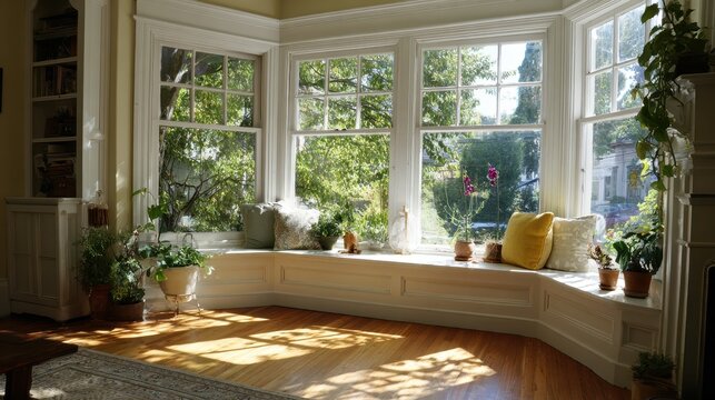 Bright bay window with French-pane sashes and a cozy window seat in a sunlit living space