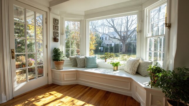 Calm corner with a white bay window, mullioned French panes, and a comfortable seating nook