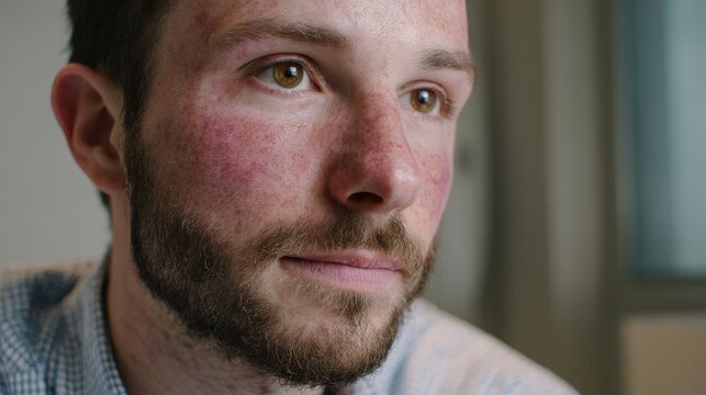 Calm head-and-shoulders portrait of a man experiencing lupus-related facial skin changes