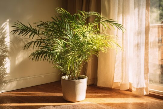 Calm indoor greenery: parlor palm with soft sunbeams