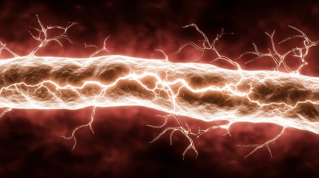 Close-up of inflamed nerve tissue showing dilated capillaries and neural pathways glowing with light
