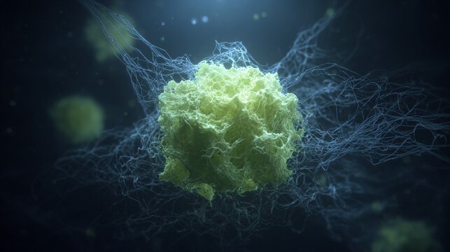 Abstract visualization of a detailed biological cell structure with intricate molecular networks
