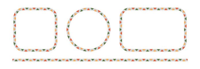 Mexican triangular pattern circle and rectangle frames set. African ethnic motif border. Aztec ornament frame. Mexican ornament. text frame. Vector illustration isolated on white background.