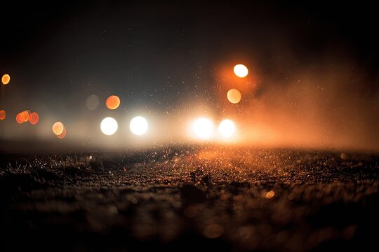Illuminated dust motes dance above a dark, textured ground with blurred, distant lights