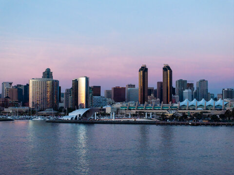 Skyline of San Diego at dusk with the Rady Shell