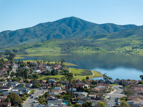 Aerial view lakeside suburban community residential structures