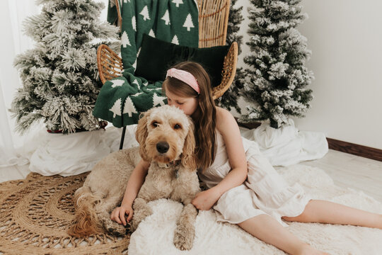 Young girl sits on floor with dog in front of flocked trees