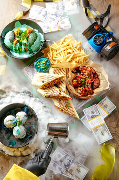 Shawarma, French fries, and teriyaki chicken