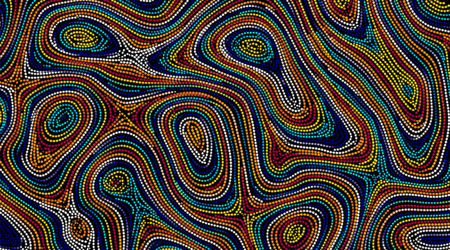 Traditional Australian Aboriginal tribal pattern with intricate dots and lines, aboriginal, indigenous, culture, art . Black background. Vector illustration