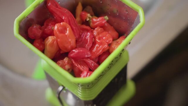 Closeup pepper chopper filled with peppers, hand feeding pods into green manual grinder, vibrant red chilies glistening with juices, visible seeds, sensory spice prep on countertop, intimate kitchen