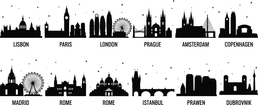 European city skyline silhouettes set featuring famous landmarks Lisbon Paris London Prague Amsterdam Copenhagen Rome Istanbul Madrid vector illustration collection