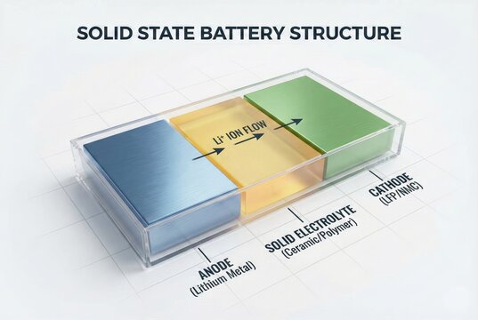 Scientific 3D render of solid-state battery components illustrating ceramic polymer electrolyte function