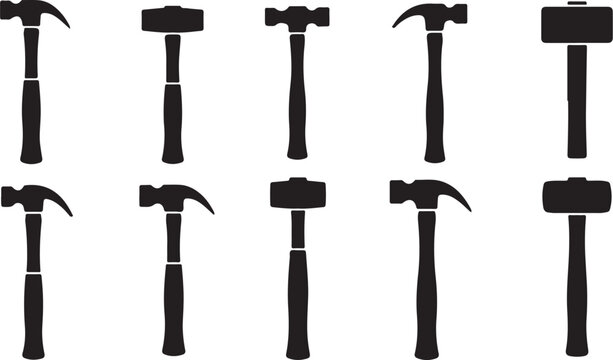 Collection of various black hammer tools on white background