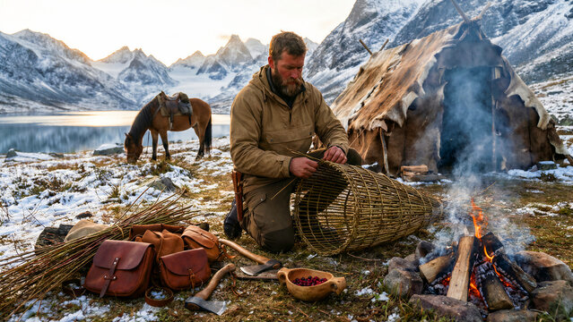A rugged, bearded man focused intently on skillfully crafting a traditional hand-woven fish trap, demonstrating ancestral bushcraft and essential survival techniques, truly embodying a