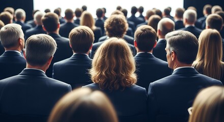 Fototapeta premium Audience seated in rows, facing forward. Formal attire worn by all attendees. Attention focused on unseen stage or presentation. Diverse group, both men and women present