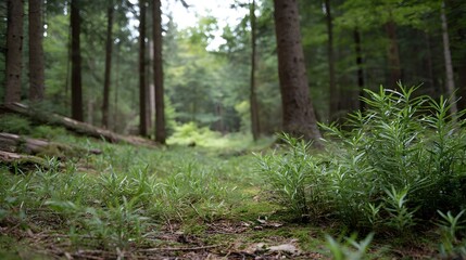 Obraz premium A lush green forest floor viewed from a low angle with a path winding into the d d light of the woods