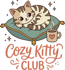 "Cozy Kitty Club": Adorable Tabby Cat Lounging on a Teal Pillow with Steaming Mug — Cute Kawaii-Style Illustration © Ольга Моторина
