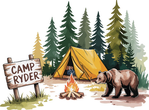 Camp Ryder Forest Adventure Bear Camping Outdoor Illustration
