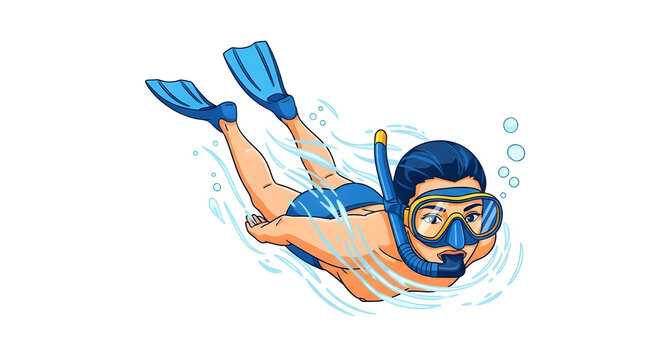 Illustration of a man scuba diving with snorkel and goggles underwater