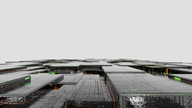 3D render of a futuristic dark technological landscape with flat cubic structures, glowing green accents, and circuit patterns against a clean white background
