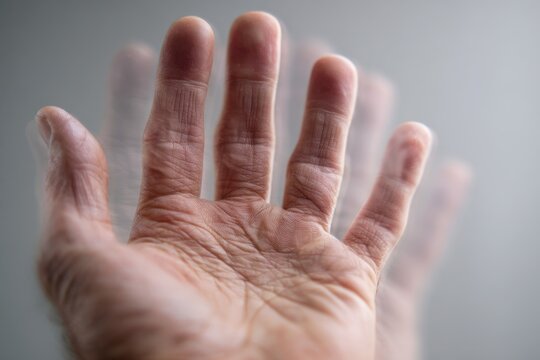 Close-up hand with double-vision effect to illustrate diplopia in a soft, clinical mood