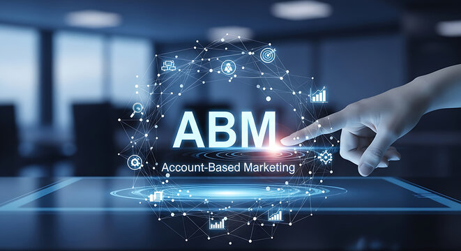 Modern virtual touchscreen display showing ABM abbreviation for account-based marketing strategy concept with futuristic glowing interface and finger pressing digital button.