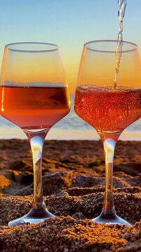 Close up of pouring rose wine into glasses on sandy beach at sunset - 4k vertical romantic vacation footage