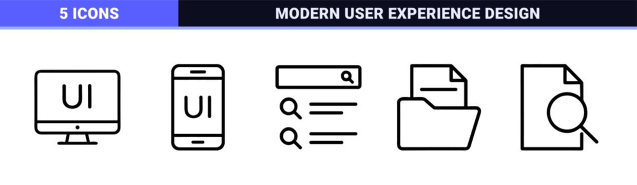 Minimalist Monoline Web Development Icon Set Featuring Geometric Line Art for UI Design and Digital Product Navigation Interfaces
