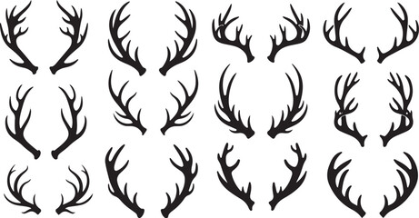 Fototapeta premium Collection of black deer antler silhouettes on white background