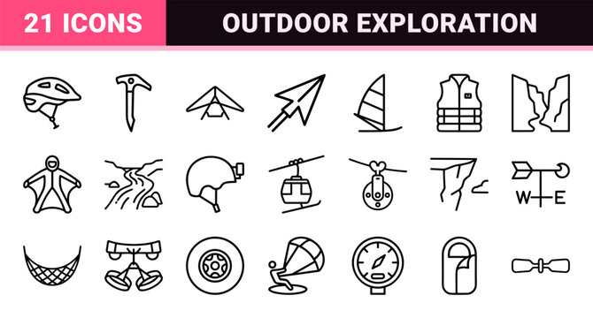 Outdoor Adventure Sports Line Art Set Featuring Minimalist Geometric Outlines for Professional Extreme Tourism and Nature Exploration UI Design