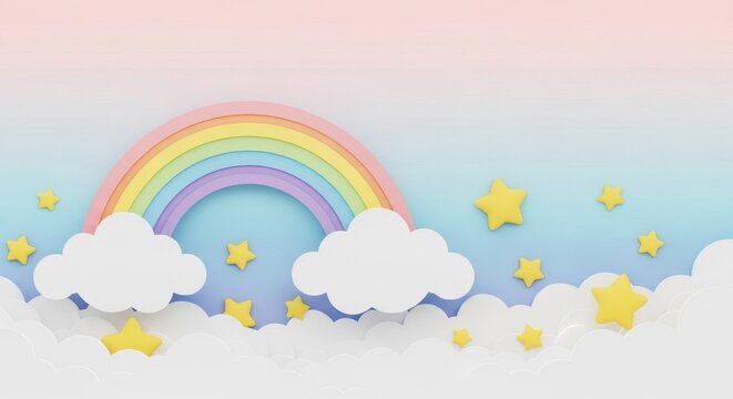 Fundo infantil fofo com arco-&iacute;ris em cores pastel, nuvens brancas e estrelas. Ilustra&ccedil;&atilde;o m&aacute;gica e doce para decora&ccedil;&atilde;o de quarto de beb&ecirc;, convite ou ch&aacute; de beb&ecirc;