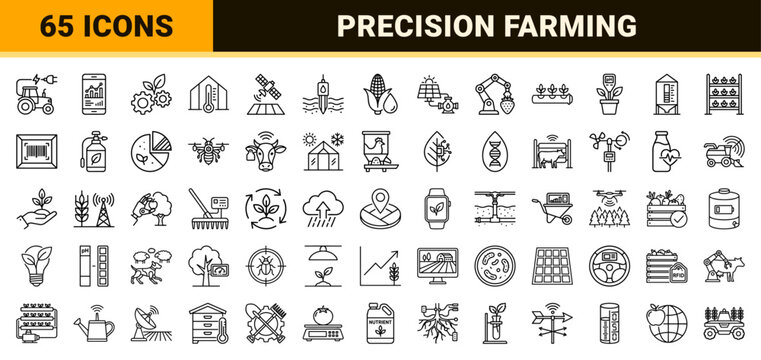 Smart Agriculture Technology and Precision Farming Minimalist Monoline Icon Set for Sustainable Agrotech and Digital Cultivation Systems