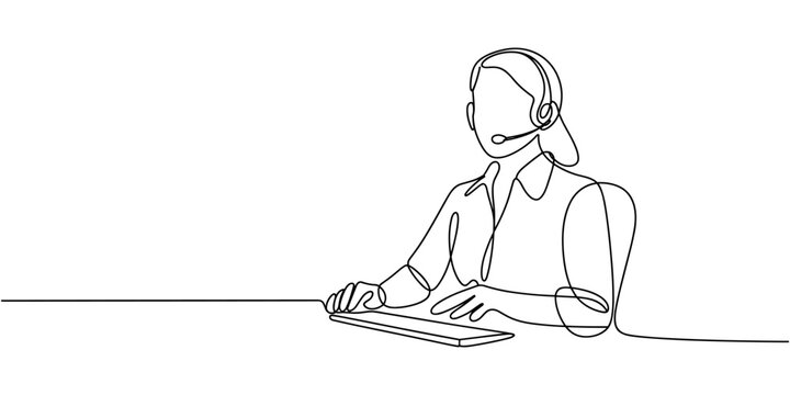Single continuous line drawing of young confused call center worker answering phone call from talkative customer in front laptop. Help desk center care concept one line draw design vector illustration