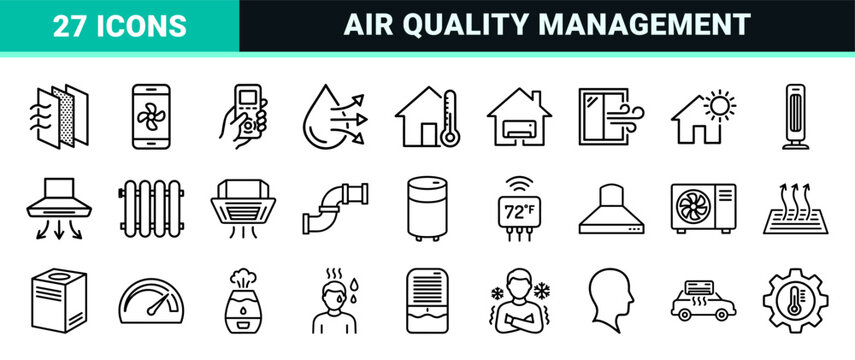 HVAC System and Climate Control Minimalist Monoline Icons for Smart Home Integration and Industrial Temperature Management Engineering.