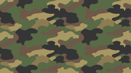 Fototapeta premium Seamless camouflage pattern featuring traditional military colors like green, brown, black, and tan, ideal for backgrounds and textile designs.