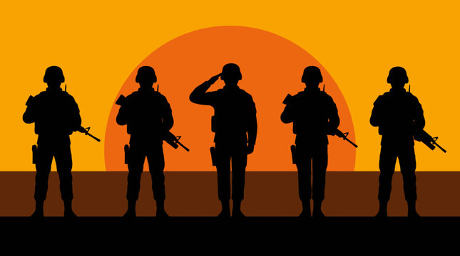 Silhouettes of five soldiers standing with rifles, one saluting, against a vibrant orange and yellow sunset sky.