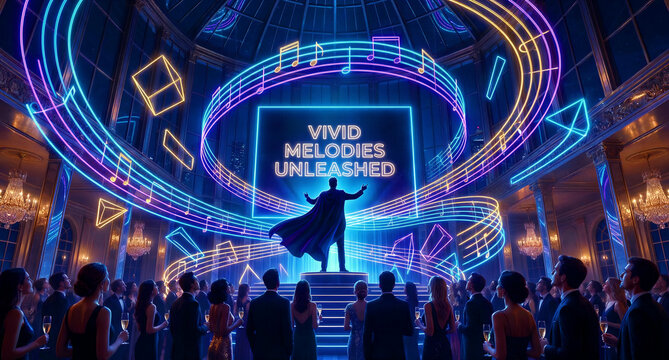 A charismatic conductor stands before an admiring crowd beneath vibrant neon musical notes at a spectacular evening event.