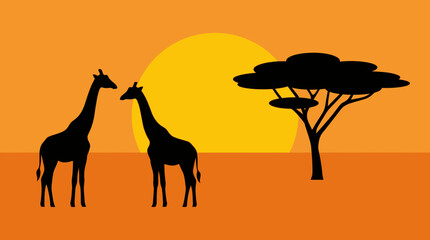 Two giraffe silhouettes and an acacia tree against a vibrant orange sunset in an African savanna landscape. © Ira Project