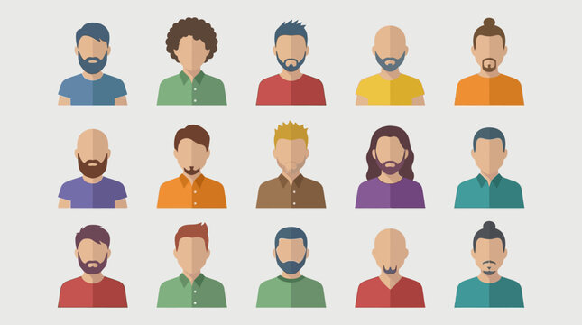 Collection of diverse male avatar icons in flat design style, featuring various hairstyles and facial hair.