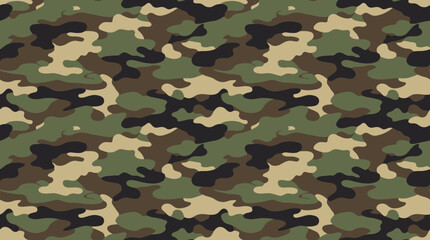 Seamless woodland camouflage pattern with irregular shapes in green, brown, tan, and black, suitable for military or outdoor themes. © Ira Project