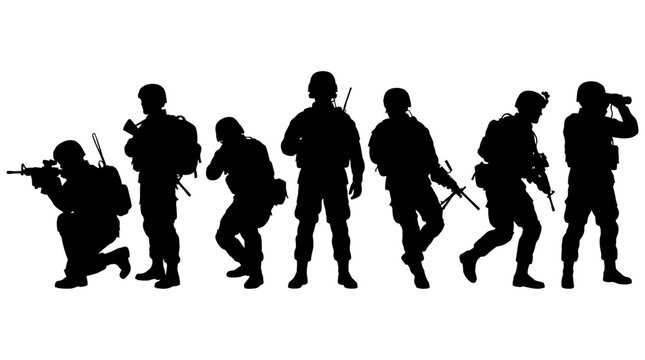 Silhouettes of a military squad in various combat and observation poses, depicting soldiers with weapons and gear.
