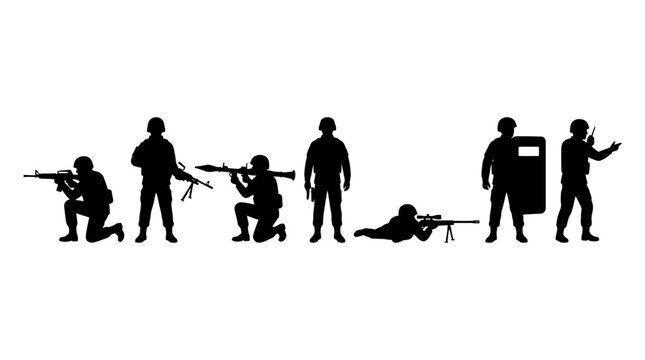 Silhouettes of military soldiers and special forces personnel in various combat and tactical poses with weapons and equipment.