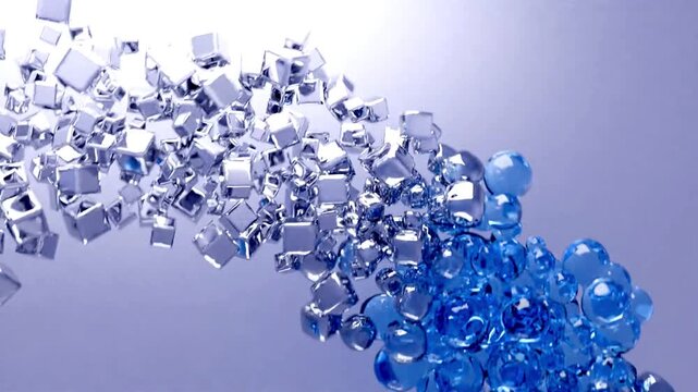 A ring-shaped floating object where metal and glass intertwine; a striking contrast of vivid blue and white; ideal for motion graphics, VJ performances, and as a background for video productions.