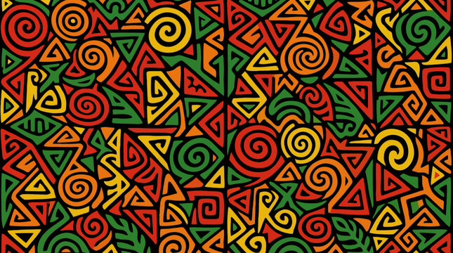 Vibrant abstract pattern featuring intricate geometric shapes and swirling lines in red, green, and yellow on a dark background, evoking a cultural or tribal aesthetic.