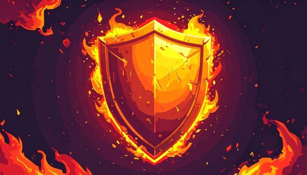 Pixel art, Golden shield amidst fiery flames on dark background