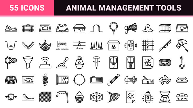 Pest Control and Wildlife Management Equipment Minimalist Geometric Line Art Set for Professional Technical Documentation and Apps.