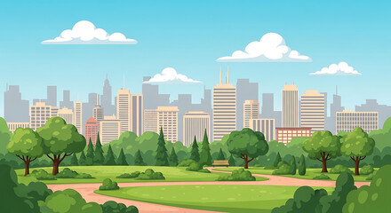 Obraz premium Vibrant cartoon illustration of a lush green urban public park during summer featuring leafy tree, puffy white cloud, and a distant city skyline in a peaceful garden setting.