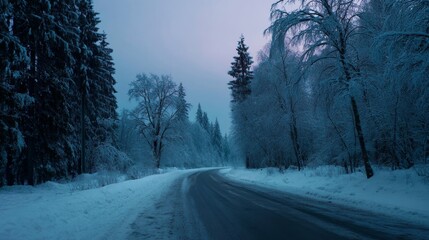 Obraz premium As the first light of dawn touched the horizon, the empty road snaked through a thick, snow-covered forest, its surface pristine and untouched