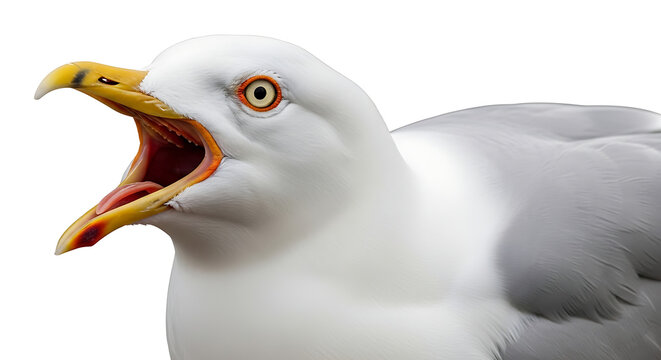 Detailed macro portrait of a marine seagull squawking with wide open beak isolated on white background, showcasing avian facial features and feathers for professional graphic design